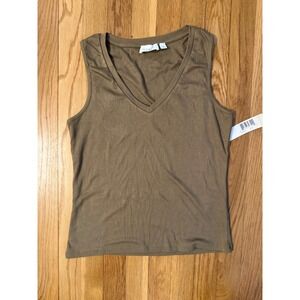 Cyrus Essentials Womens V-Neck Tank Top Olive Brown Sleeveless Knit Shirt Size S